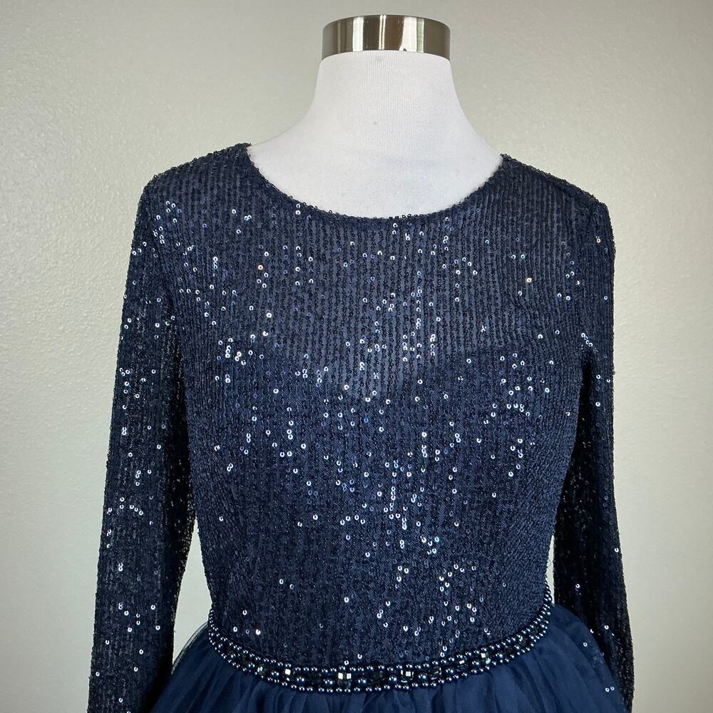 Mac Duggal 26299 Blue Cocktail Dress Sequined Tulle Long Sleeve A-Line Size 14 - Picture 8 of 11